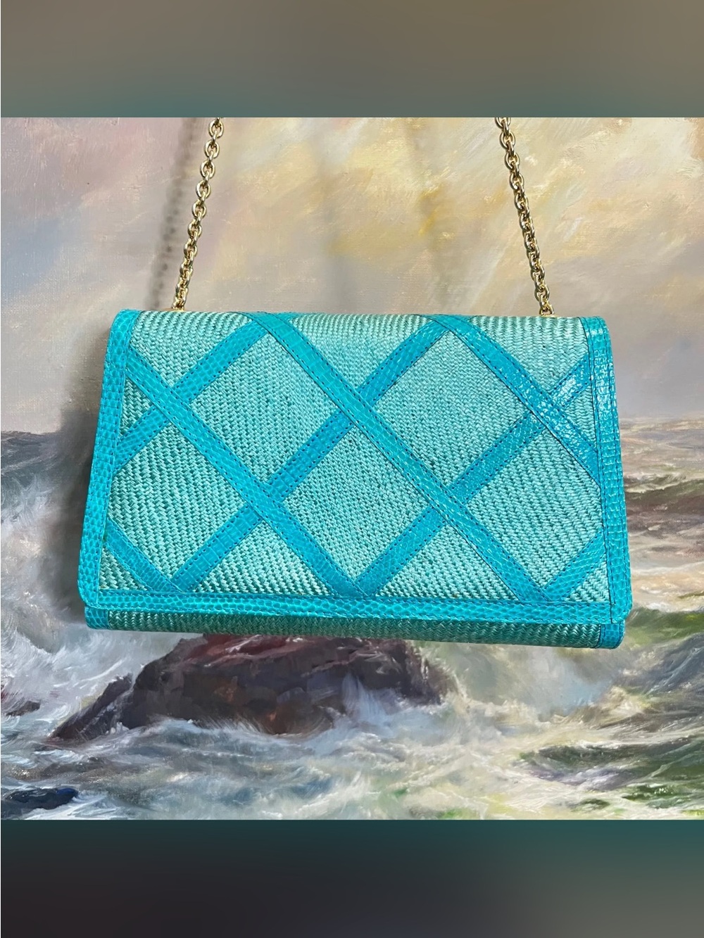 AUTH BOTTEGA VENETA Aquamarine Raffia Bag • RARE! Made in Italy AUTHENTIC